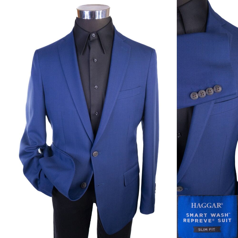 Haggar Smart Wash Repreve Jacket Sport Coat Blazer Sz 42R Solid Blue Poly Blend